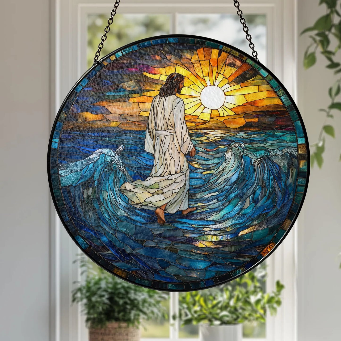 Stained Glass Jesus Christ Suncatcher, Christian Glass Windows Hanging, Christian Art Light Catcher, God Jesus Home Decor,Faith Window Decor