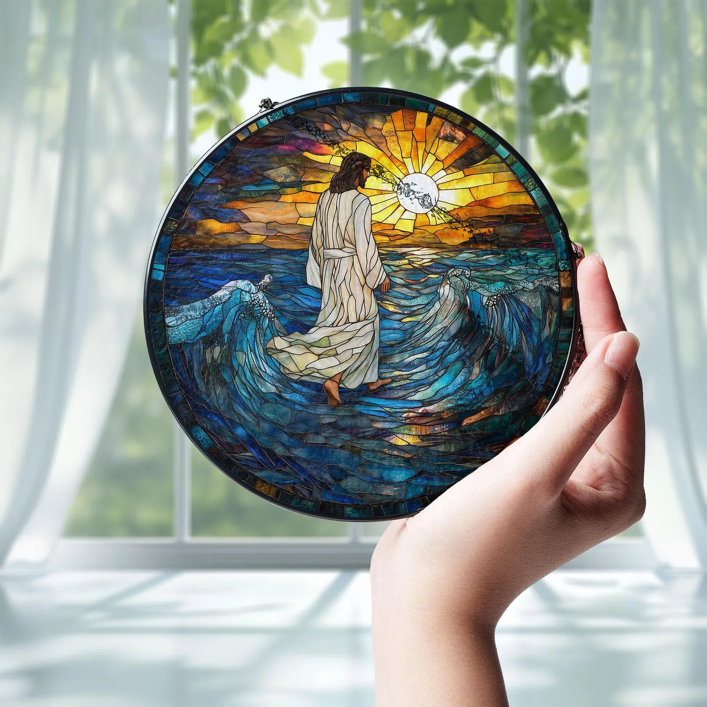 Stained Glass Jesus Christ Suncatcher, Christian Glass Windows Hanging, Christian Art Light Catcher, God Jesus Home Decor,Faith Window Decor