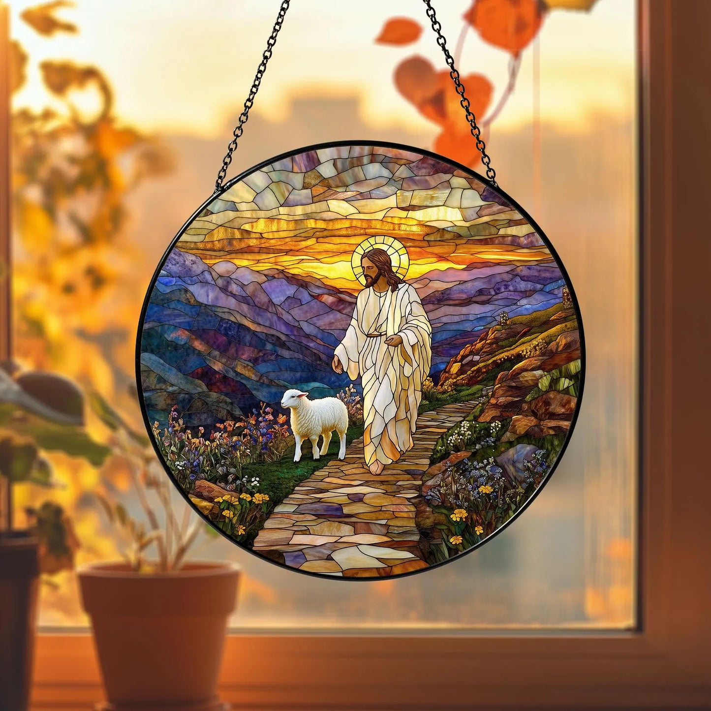 Jesus Stained Glass Suncatcher, The Good Shepherd Christian Window Art, Religious Home Decor, Faith Gift for Believers, Spiritual Suncatcher