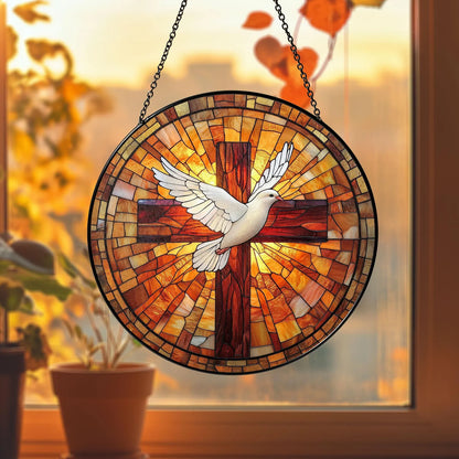 Holy Spirit Stained Glass Suncatcher, Cross & Dove Suncatcher, Religious Window Art, Christian Suncatcher, Faith-Based Gift, Christmas Gift