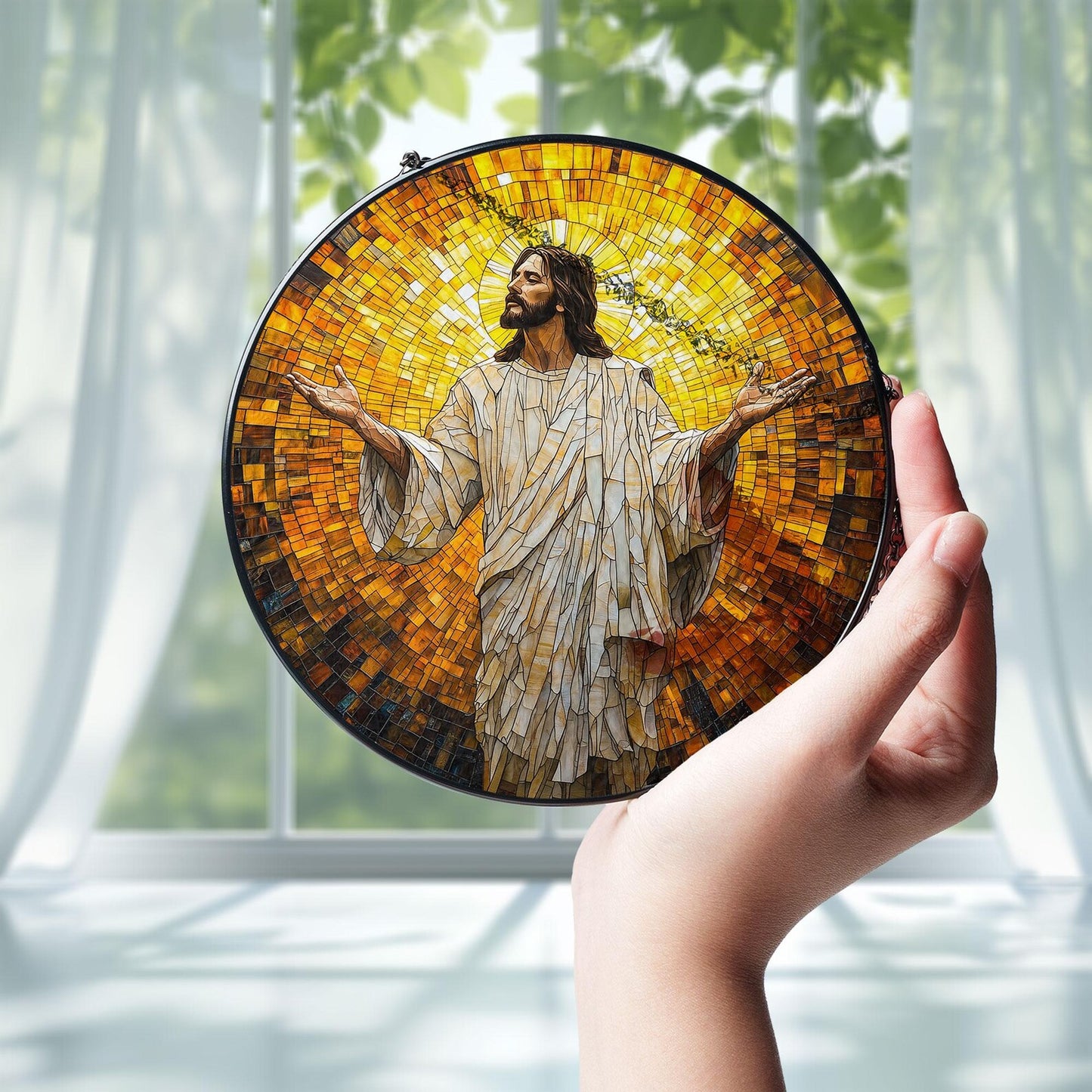 Jesus Christ Glass Suncatcher, Religious Window Art, Religious Cross Suncatcher, Regilious Nativity Ornament, Christian Cross Window Hanging