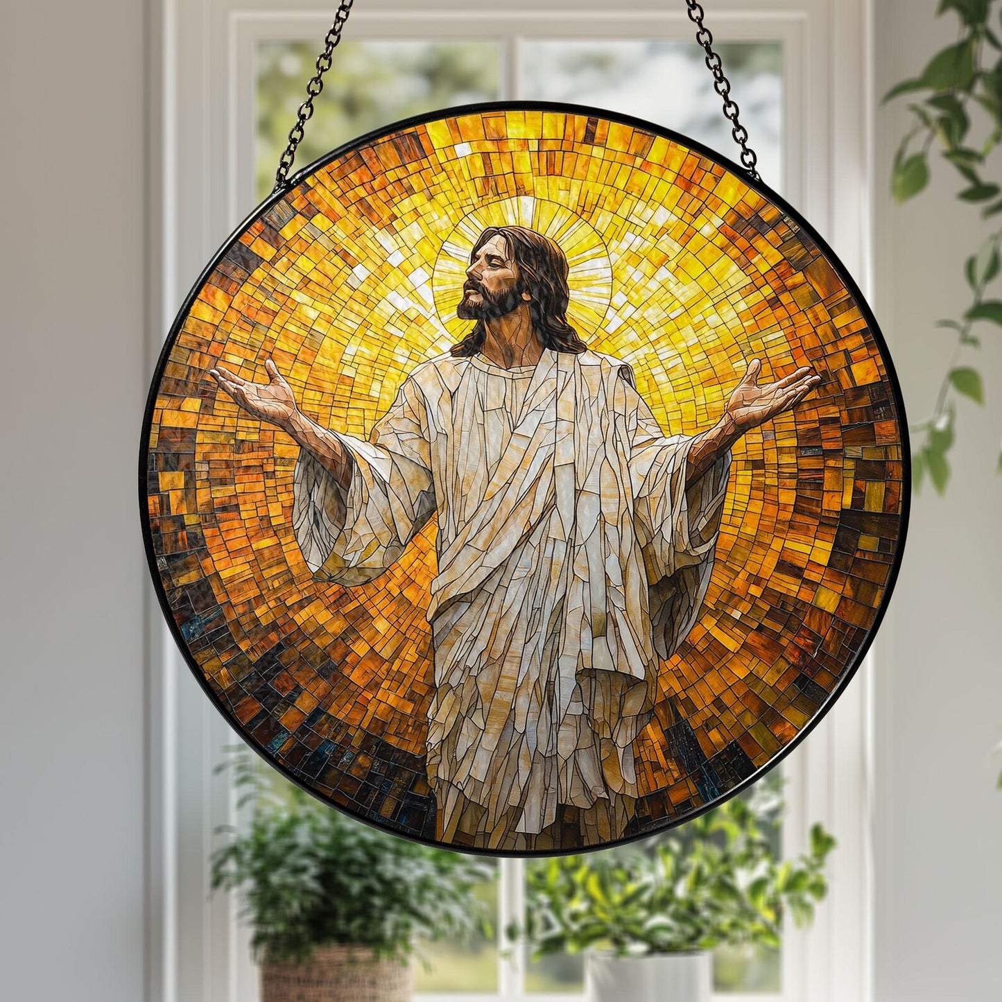 Jesus Christ Glass Suncatcher, Religious Window Art, Religious Cross Suncatcher, Regilious Nativity Ornament, Christian Cross Window Hanging