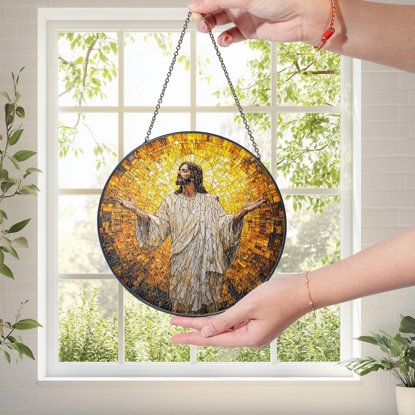 Jesus Christ Glass Suncatcher, Religious Window Art, Religious Cross Suncatcher, Regilious Nativity Ornament, Christian Cross Window Hanging