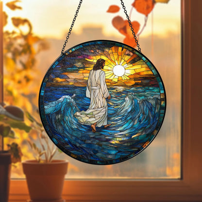 Stained Glass Jesus Christ Suncatcher, Christian Glass Windows Hanging, Christian Art Light Catcher, God Jesus Home Decor,Faith Window Decor