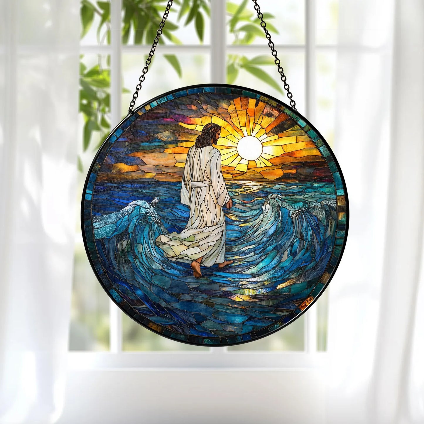 Stained Glass Jesus Christ Suncatcher, Christian Glass Windows Hanging, Christian Art Light Catcher, God Jesus Home Decor,Faith Window Decor