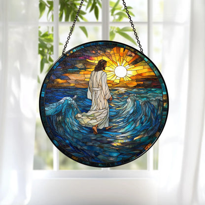 Stained Glass Jesus Christ Suncatcher, Christian Glass Windows Hanging, Christian Art Light Catcher, God Jesus Home Decor,Faith Window Decor