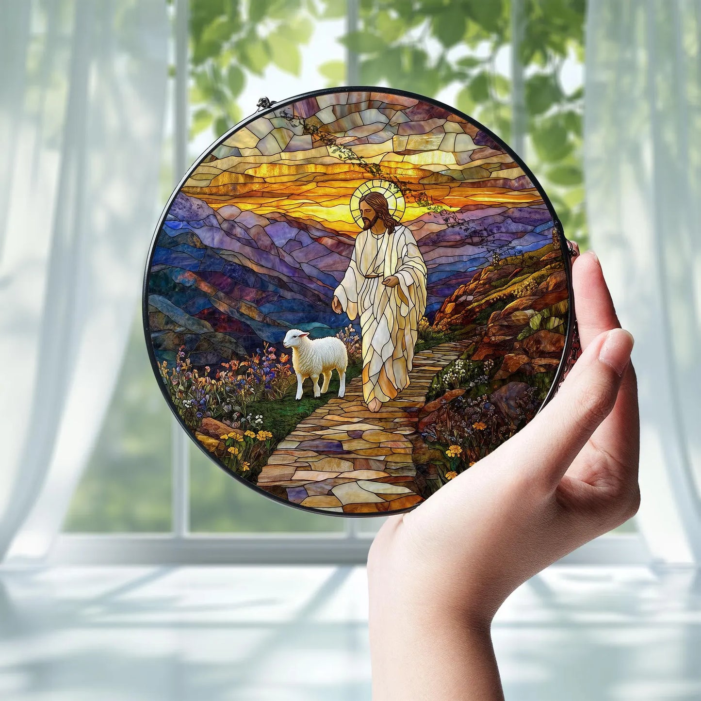 Jesus Stained Glass Suncatcher, The Good Shepherd Christian Window Art, Religious Home Decor, Faith Gift for Believers, Spiritual Suncatcher