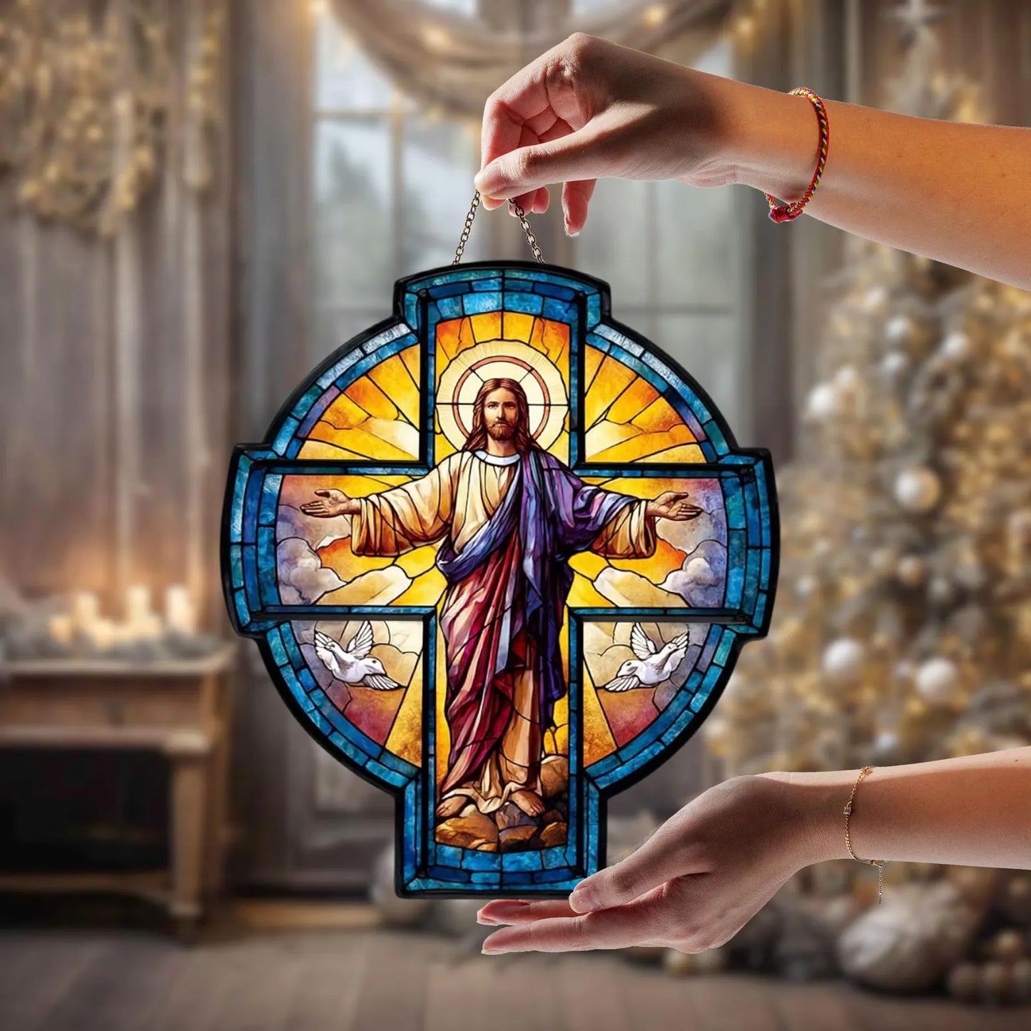 Jesus Cross Suncatcher Acrylic Window Hanging - Religious Decor, Suncatcher God, Christian Gift, Catholic Home Decoration