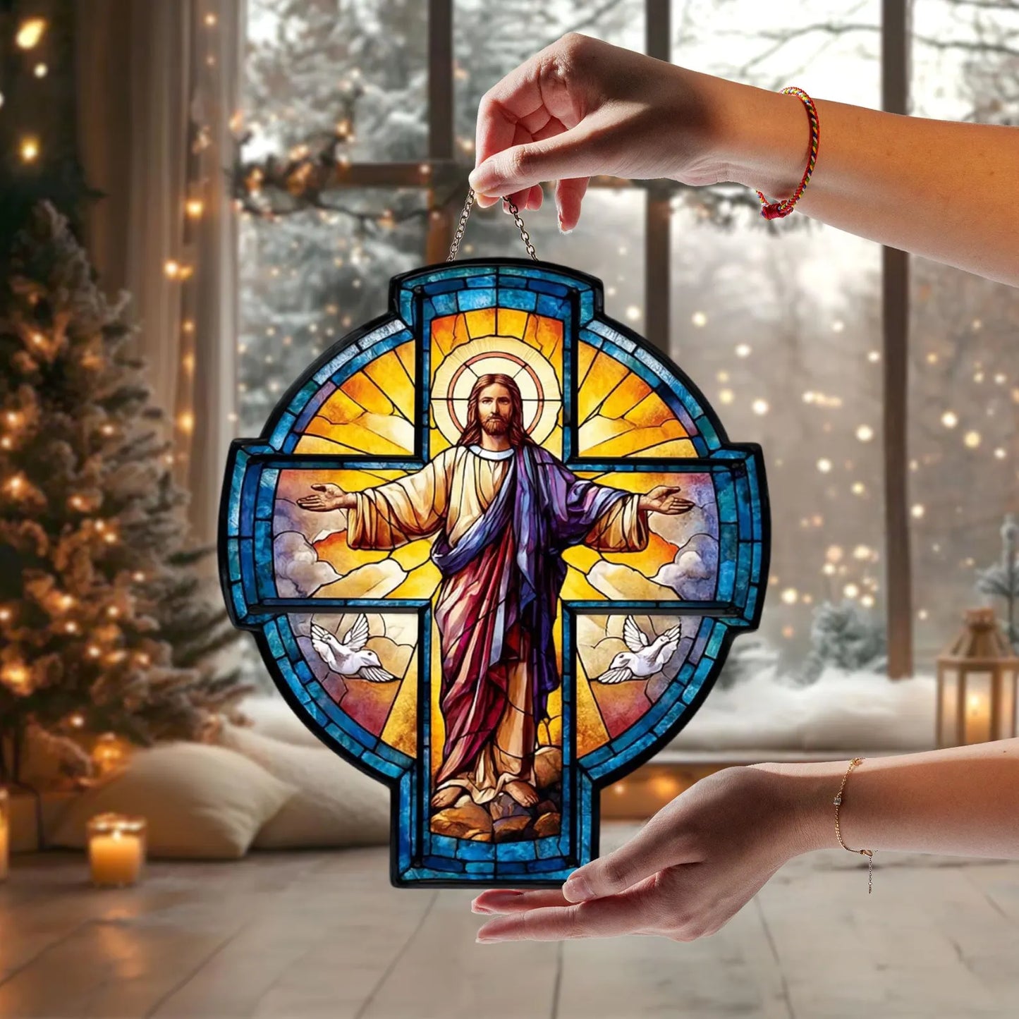 Jesus Cross Suncatcher Acrylic Window Hanging - Religious Decor, Suncatcher God, Christian Gift, Catholic Home Decoration