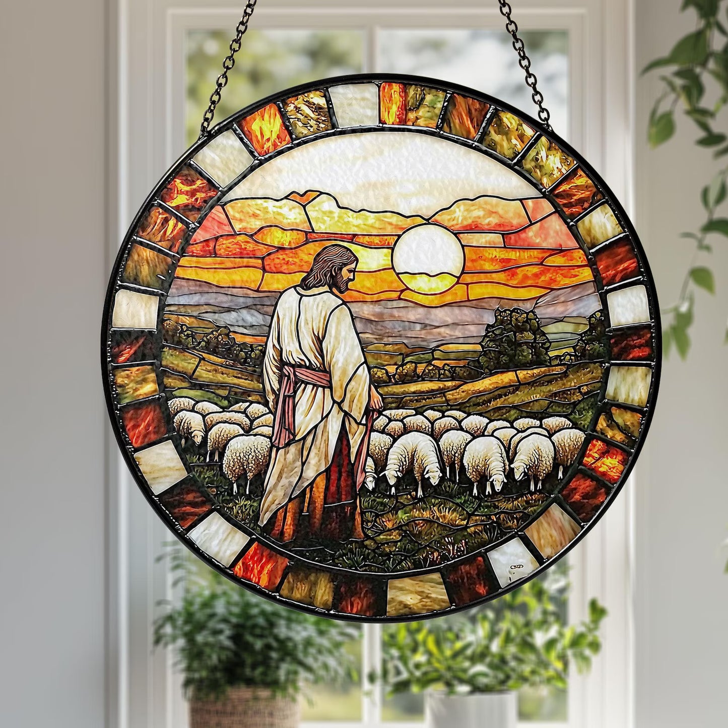 Jesus and Lamb Stained Glass Suncatcher, Christian Home Decor