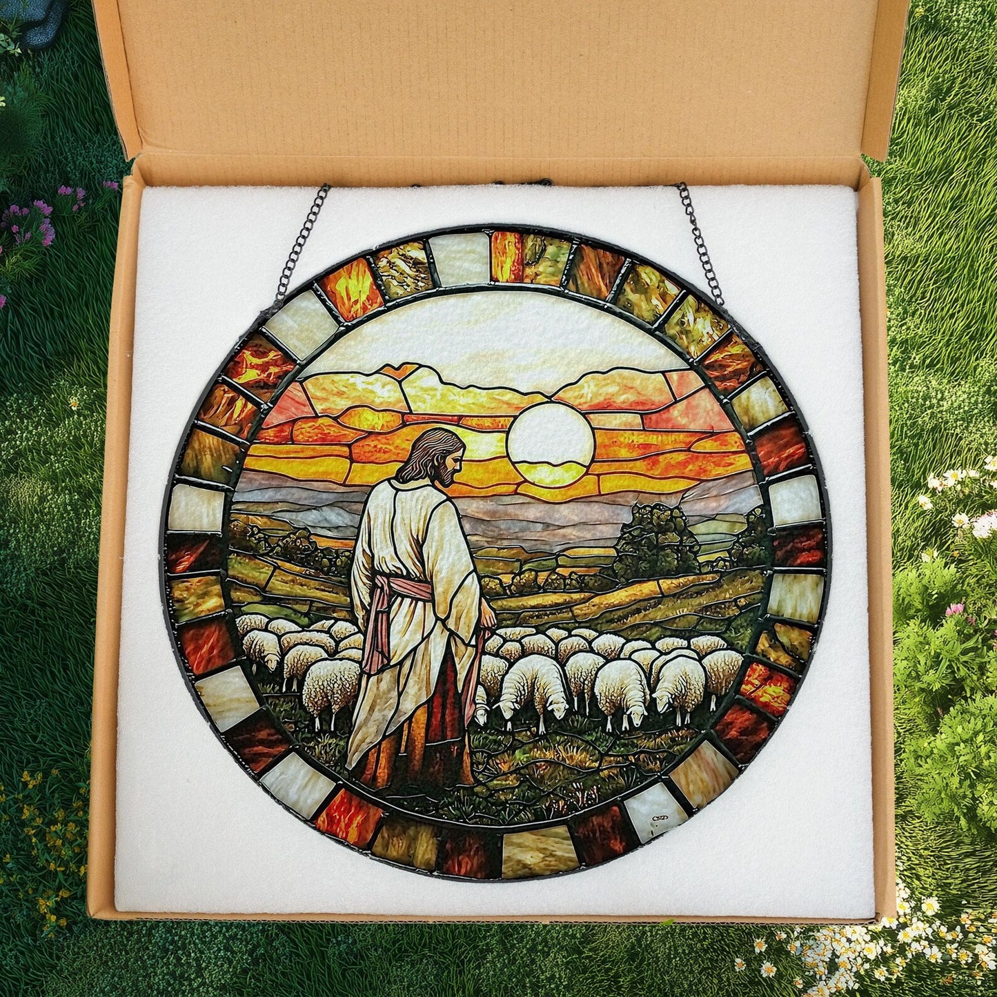 Jesus and Lamb Stained Glass Suncatcher, Christian Home Decor