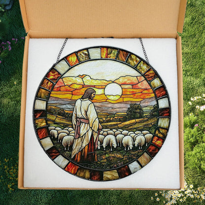 Jesus and Lamb Stained Glass Suncatcher, Christian Home Decor
