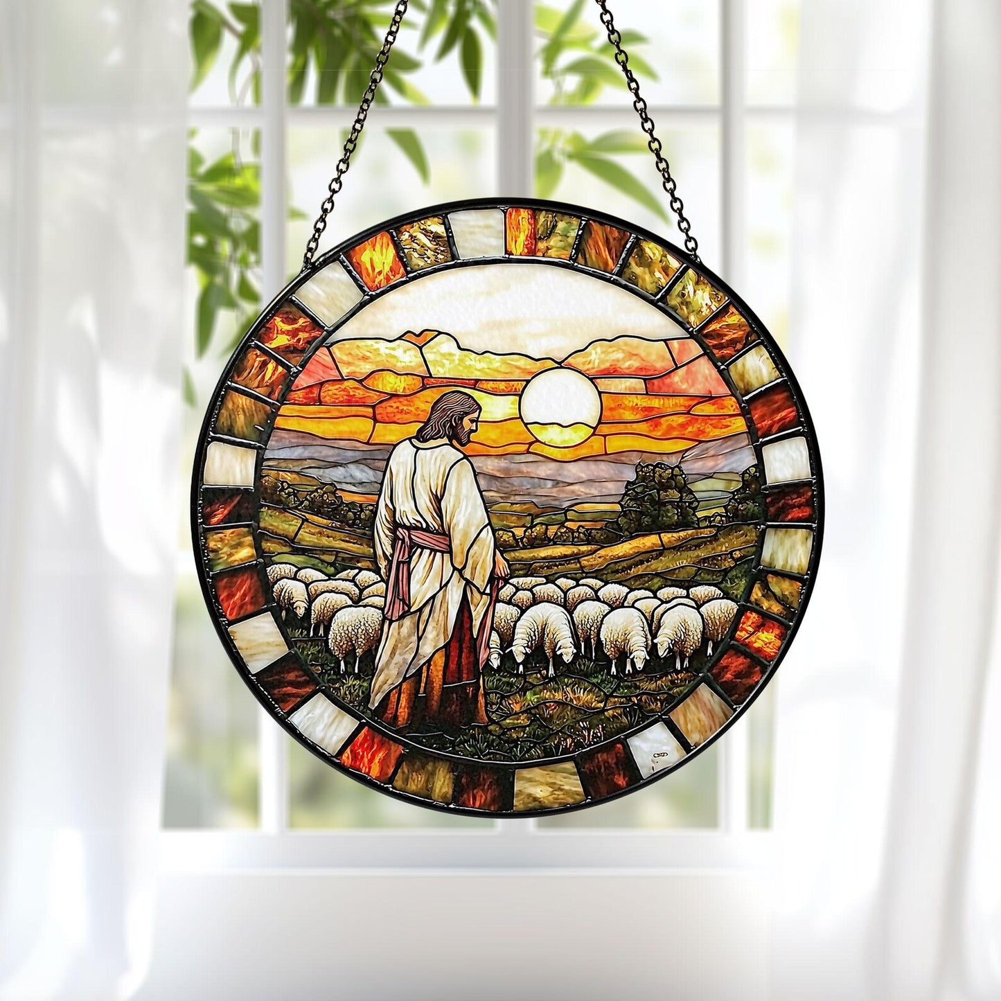 Jesus and Lamb Stained Glass Suncatcher, Christian Home Decor