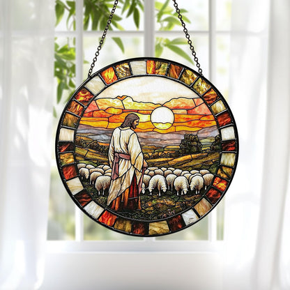 Jesus and Lamb Stained Glass Suncatcher, Christian Home Decor