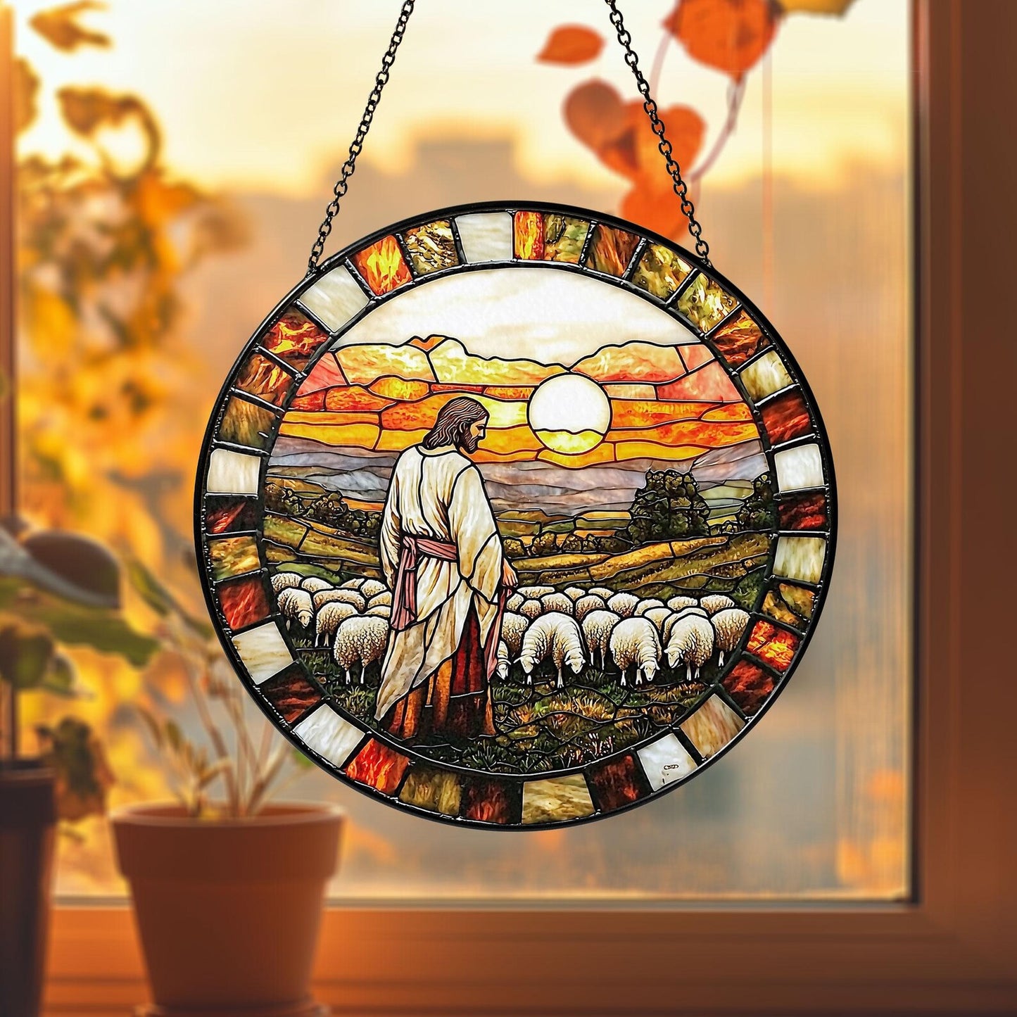 Jesus and Lamb Stained Glass Suncatcher, Christian Home Decor
