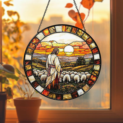 Jesus and Lamb Stained Glass Suncatcher, Christian Home Decor