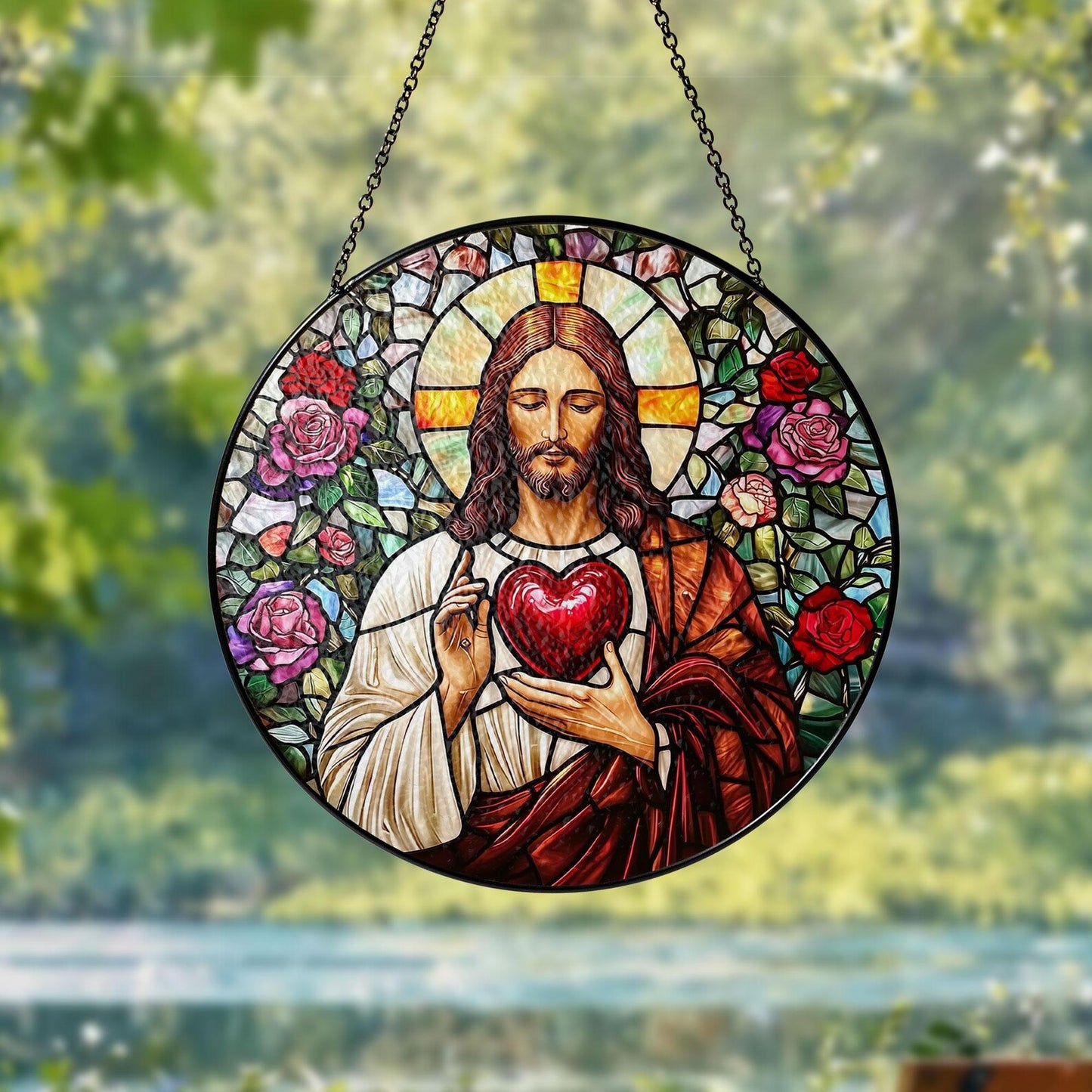Sacred Heart of Jesus Glass Suncatcher, Stained Glass Style Christian Window Hanging, Catholic Home Decor, Faith Gift for Prayer Room