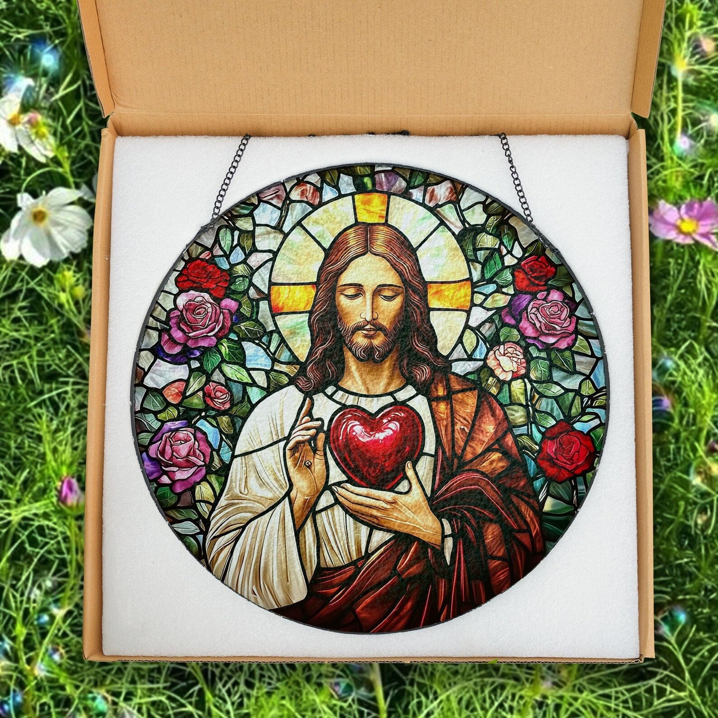 Sacred Heart of Jesus Glass Suncatcher, Stained Glass Style Christian Window Hanging, Catholic Home Decor, Faith Gift for Prayer Room