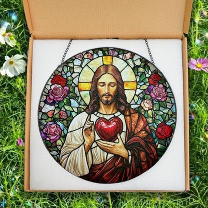 Sacred Heart of Jesus Glass Suncatcher, Stained Glass Style Christian Window Hanging, Catholic Home Decor, Faith Gift for Prayer Room