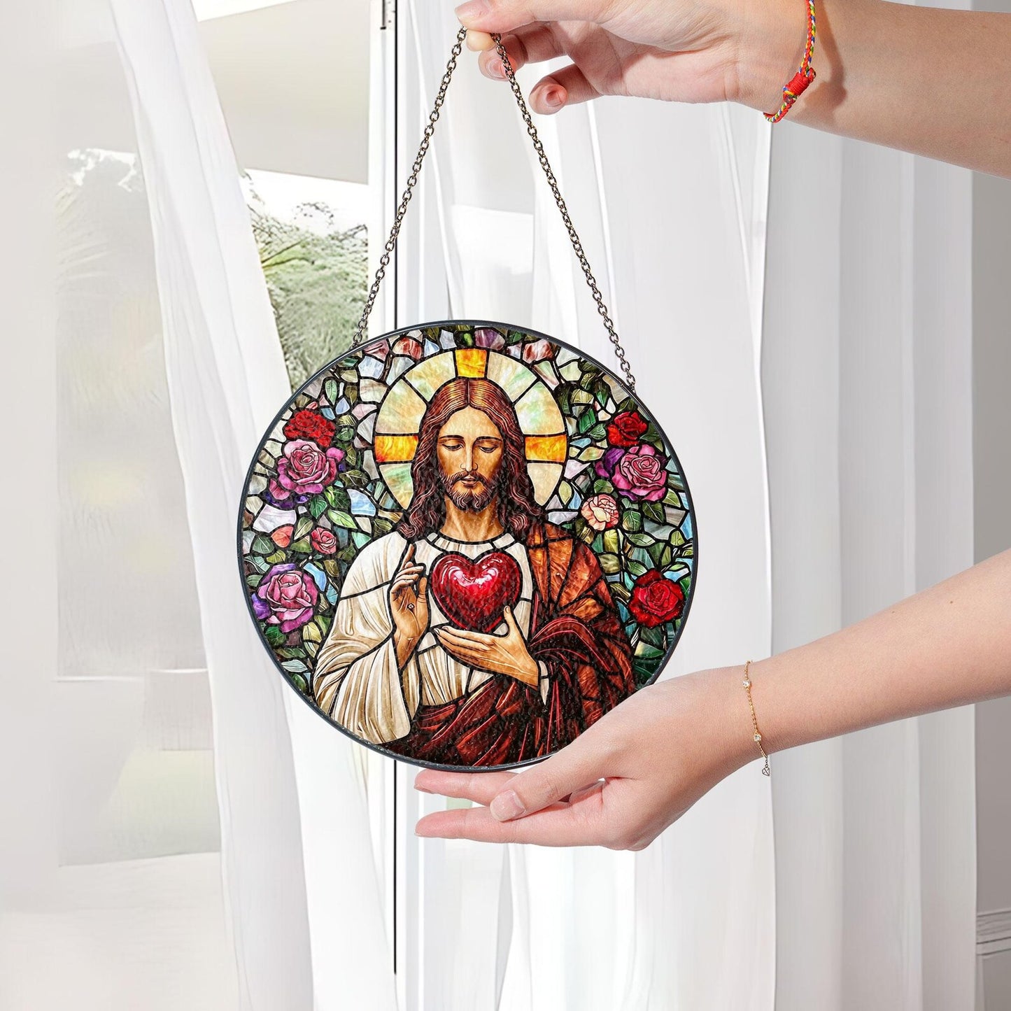 Sacred Heart of Jesus Glass Suncatcher, Stained Glass Style Christian Window Hanging, Catholic Home Decor, Faith Gift for Prayer Room