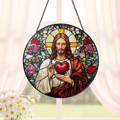 Sacred Heart of Jesus Glass Suncatcher, Stained Glass Style Christian Window Hanging, Catholic Home Decor, Faith Gift for Prayer Room