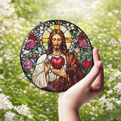 Sacred Heart of Jesus Glass Suncatcher, Stained Glass Style Christian Window Hanging, Catholic Home Decor, Faith Gift for Prayer Room