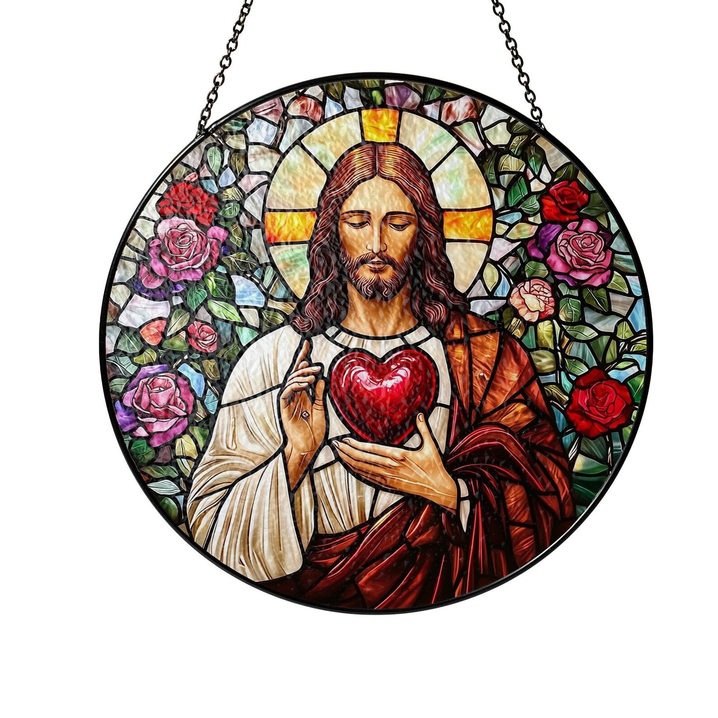 Sacred Heart of Jesus Glass Suncatcher, Stained Glass Style Christian Window Hanging, Catholic Home Decor, Faith Gift for Prayer Room