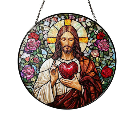 Sacred Heart of Jesus Glass Suncatcher, Stained Glass Style Christian Window Hanging, Catholic Home Decor, Faith Gift for Prayer Room