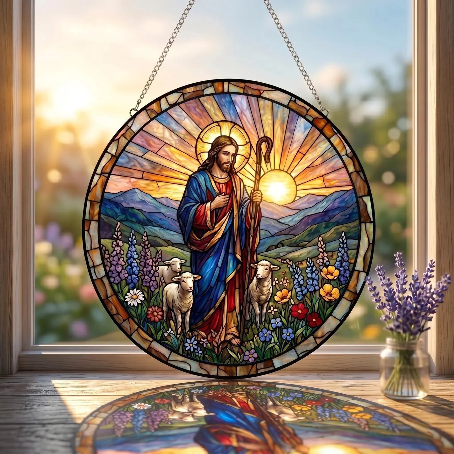 Christian Religious Art Suncatcher, Jesus Good Shepherd Window Hanging, Grandma Spiritual Gift, Catholic Faith Decor