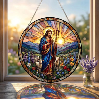 Christian Religious Art Suncatcher, Jesus Good Shepherd Window Hanging, Grandma Spiritual Gift, Catholic Faith Decor
