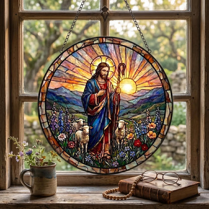 Christian Religious Art Suncatcher, Jesus Good Shepherd Window Hanging, Grandma Spiritual Gift, Catholic Faith Decor