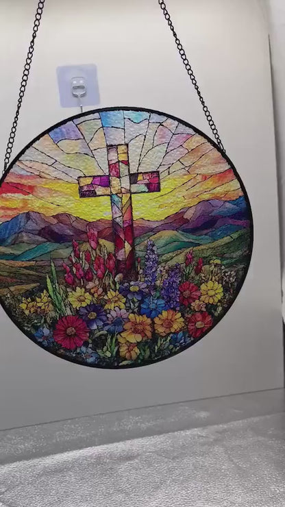 Stained Glass Cross And Wildflowers Suncatcher Christian Glass Window Hanging Flower Cross Gift For Religious Easter Faith Cross Home Decor