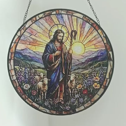 Christian Religious Art Suncatcher, Jesus Good Shepherd Window Hanging, Grandma Spiritual Gift, Catholic Faith Decor